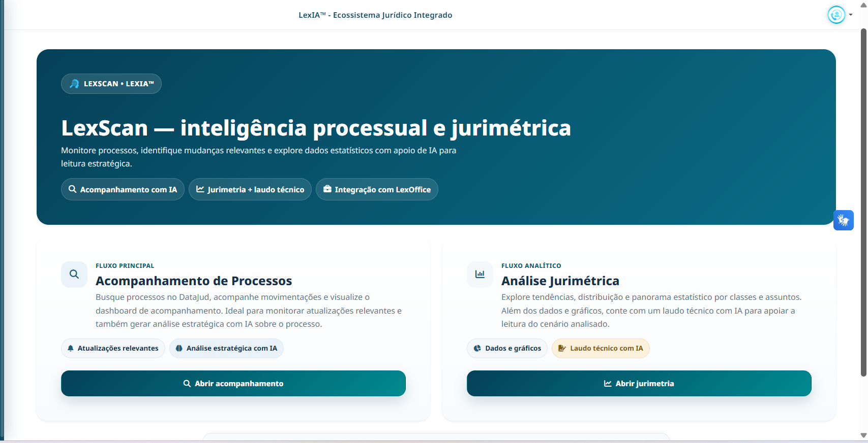 Tela inicial do LexScan com entrada para jurimetria e análise jurídica